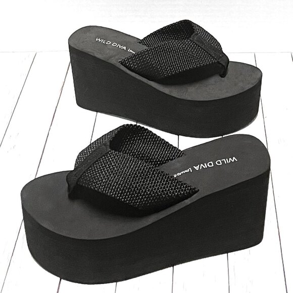 Shoes - Restocked Black Foam Platform Wedge Flip Flop Sandals